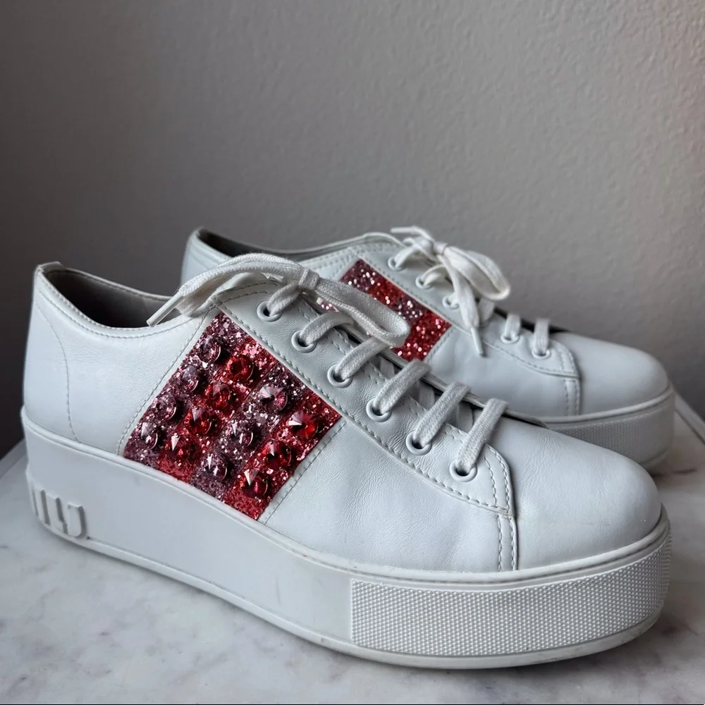 Miu Miu Crystals Glitter‎ White Leather Platform Sneakers Size 10